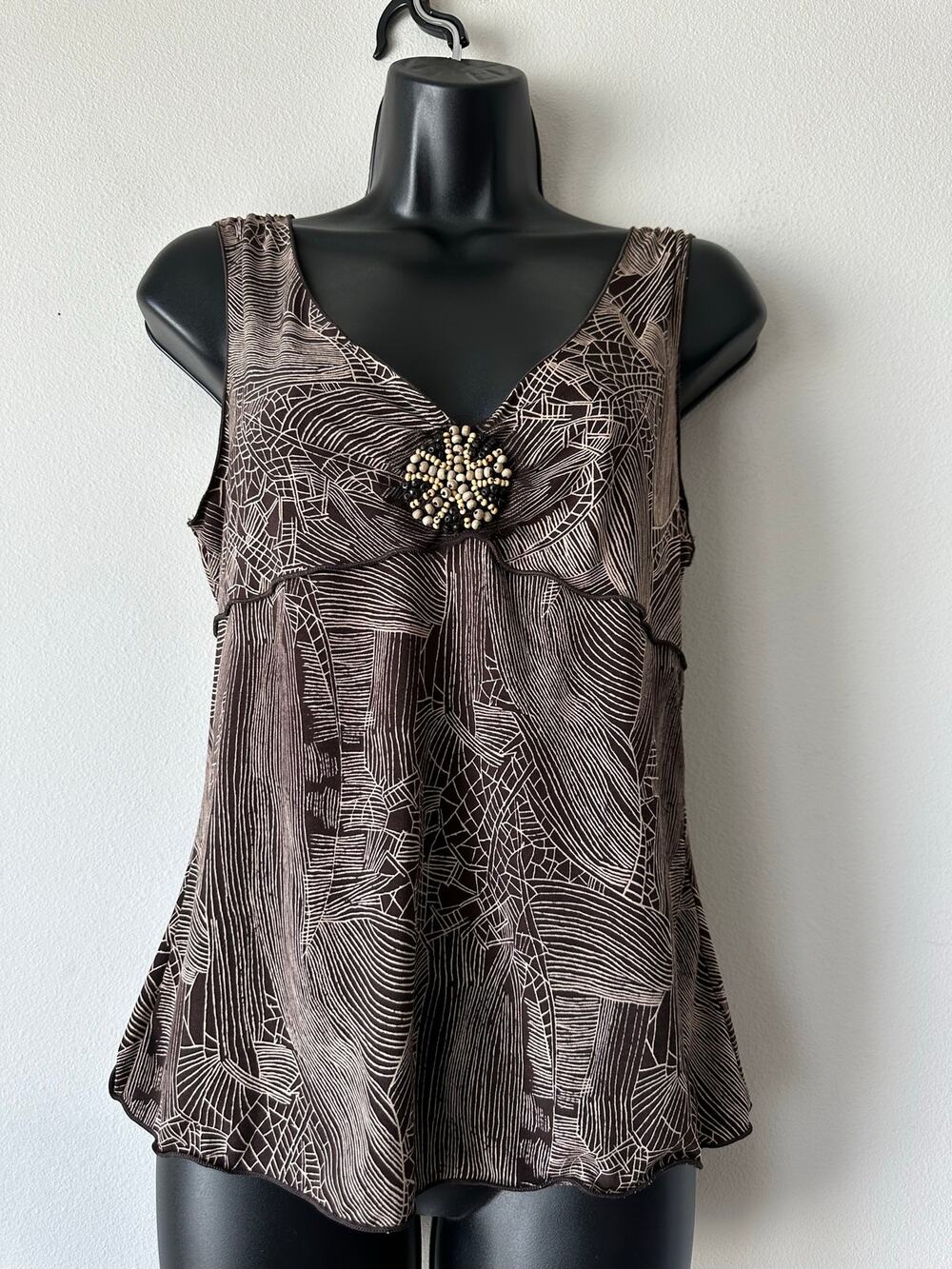 Y2K Brown Abstract Print Beaded Babydoll Tank Top Boho Fairycore Small